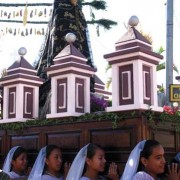 Young women of San Pedro carry the statue of the Virgin Mary. (photo: Victoria Stone)