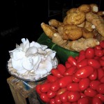 “Oyster” mushrooms, ichintal and plum tomatos at Irma’s stall