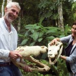 Crocodile skulls held by Petén jungle guide Marco Gross, and Gabriella Moretti, owner of Ecolodge El Sombrero in Yaxhá (www.ecolodgeelsombrero.com)