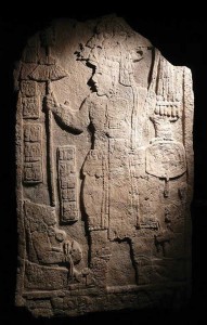 (above) Aguateca stelae and (below) foundation of a meeting house