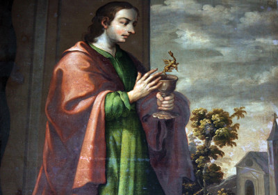 Close-up of St. John painting showing the serpent emerging from the chalice