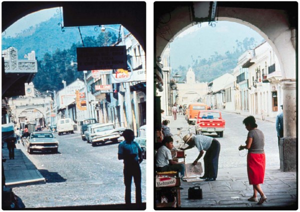 Before (1971) and after (1973) photos of 5a avenida, La Antigua showing how prevalent the business signs were