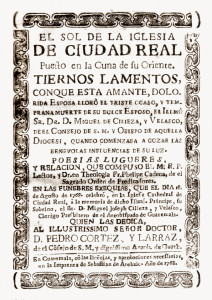 Cover of the Funeral Book of  Bishop D. Miguel de Cilieza y Velasco. (1768) Museo del Libro Antiguo, La Antigua Guatemala.