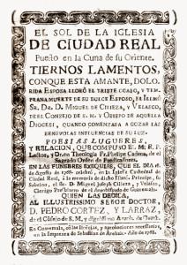 Cover of the Funeral Book of Bishop D. Miguel de Cilieza y Velasco. (1768) Museo del Libro Antiguo, La Antigua Guatemala.